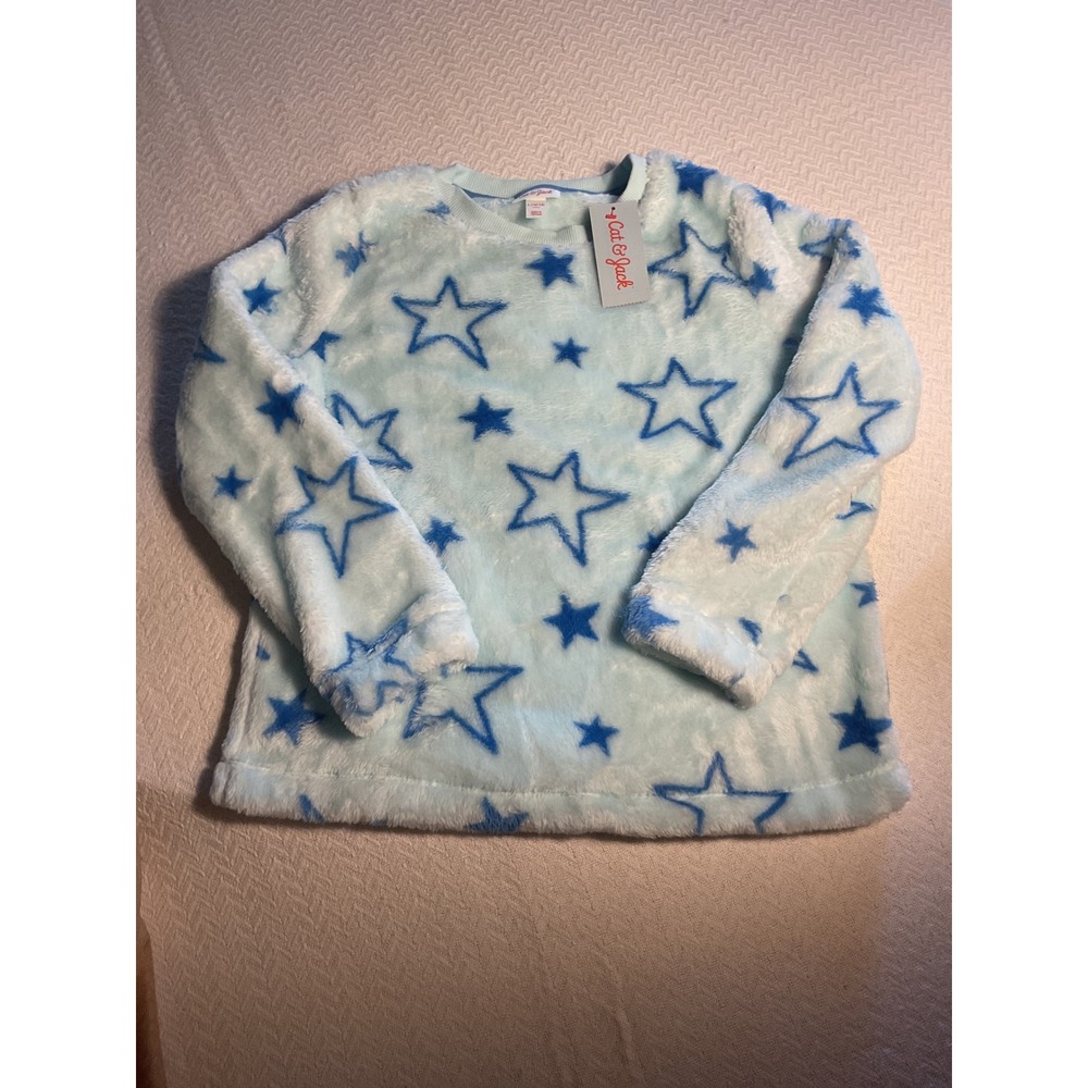 Cat & Jack Girls Blue Star Fuzzy Plush Long Sleeve Top Kids L 10 12